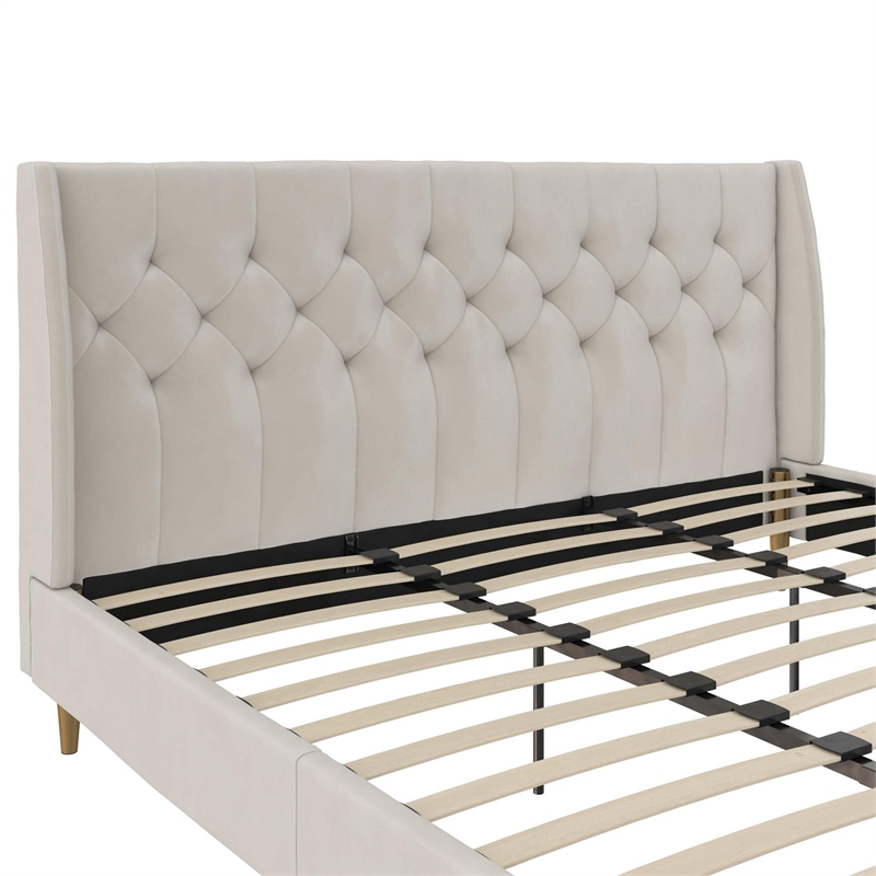 Novogratz Her Majesty Tufted Upholstered King Bed Frame in Ivory Velvet