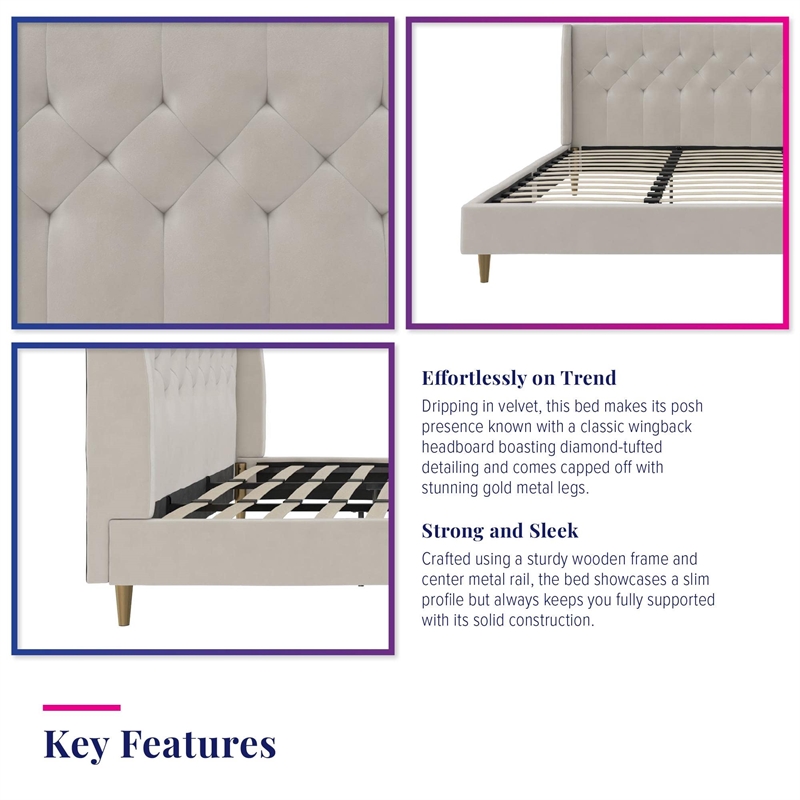 Novogratz Her Majesty Tufted Upholstered King Bed Frame in Ivory Velvet