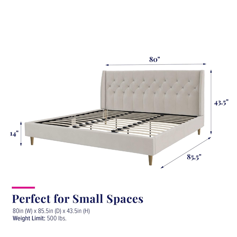 Novogratz Her Majesty Tufted Upholstered King Bed Frame in Ivory Velvet