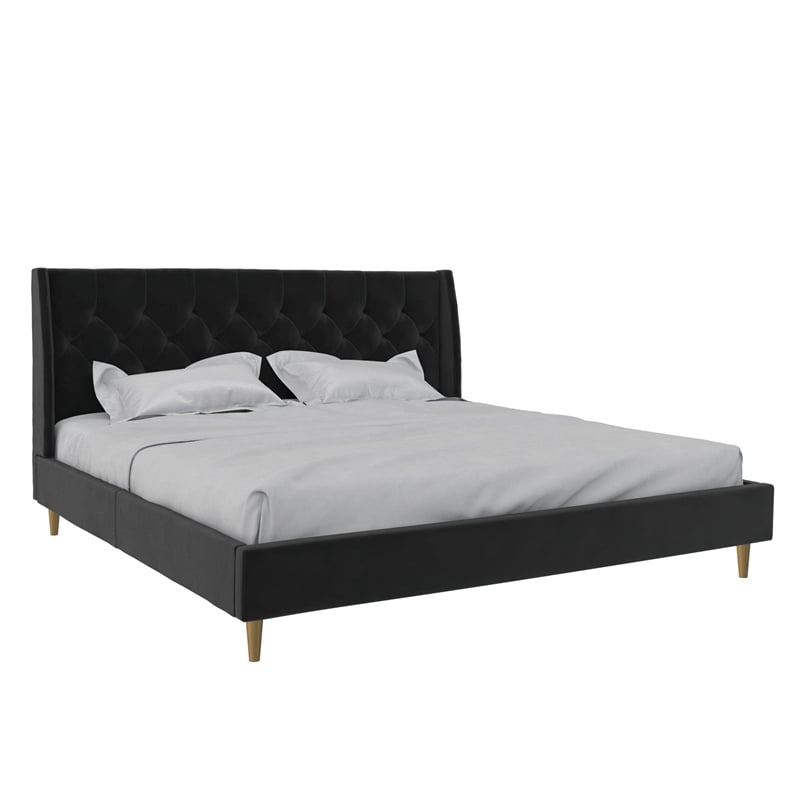Novogratz Her Majesty Tufted Upholstered King Bed Frame in Black Velvet