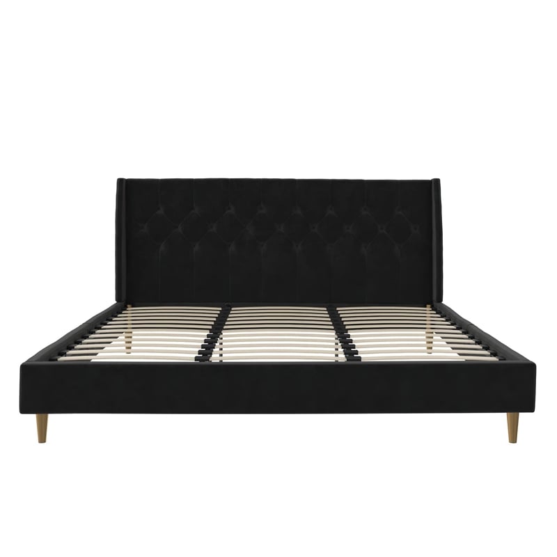 Novogratz Her Majesty Tufted Upholstered King Bed Frame in Black Velvet