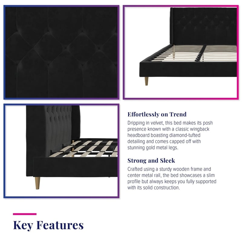 Novogratz Her Majesty Tufted Upholstered King Bed Frame in Black Velvet
