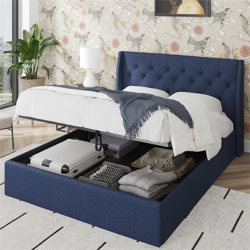 Novogratz Her Majesty Lift Up Storage Queen Bed Frame in Blue Linen