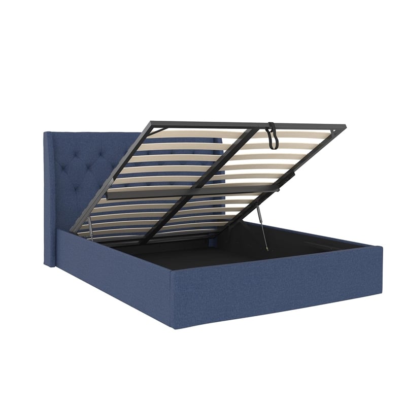 Novogratz Her Majesty Lift Up Storage Queen Bed Frame in Blue Linen