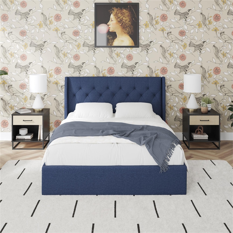 Novogratz Her Majesty Lift Up Storage Queen Bed Frame in Blue Linen