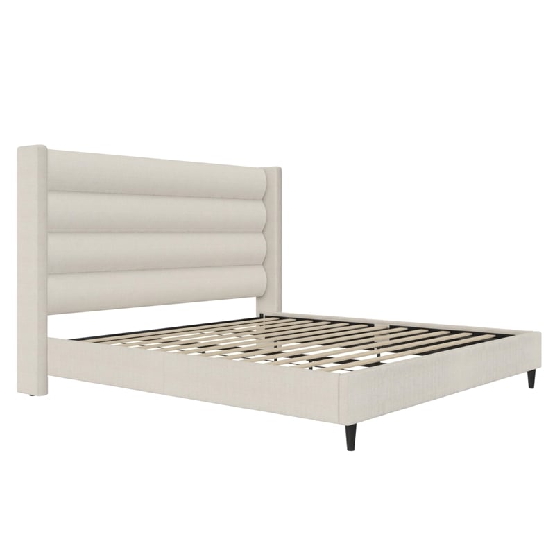 Novogratz Louis King Upholstered Bed Frame with High Tufted Headboard in Ivory