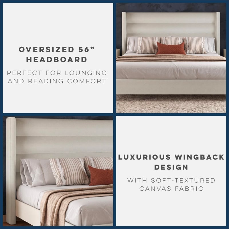 Novogratz Louis King Upholstered Bed Frame with High Tufted Headboard in Ivory
