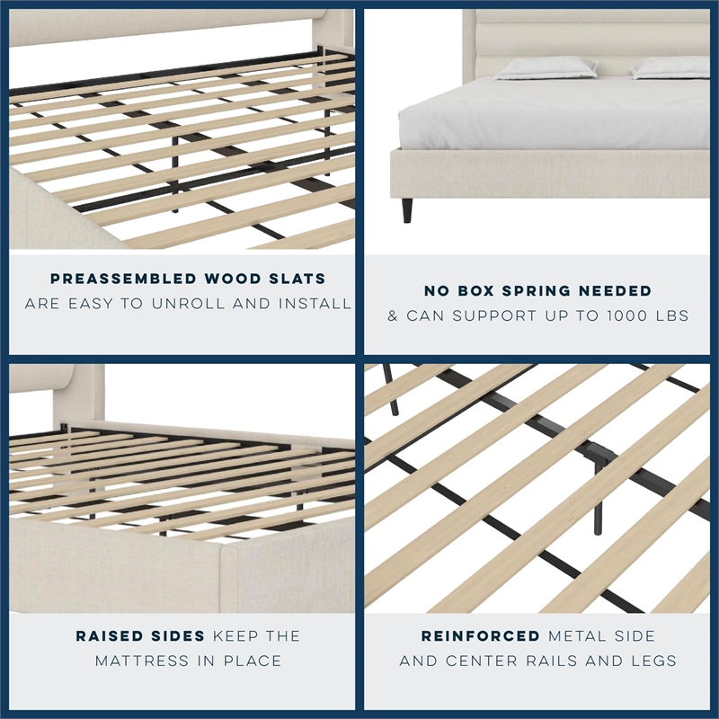 Novogratz Louis King Upholstered Bed Frame with High Tufted Headboard in Ivory