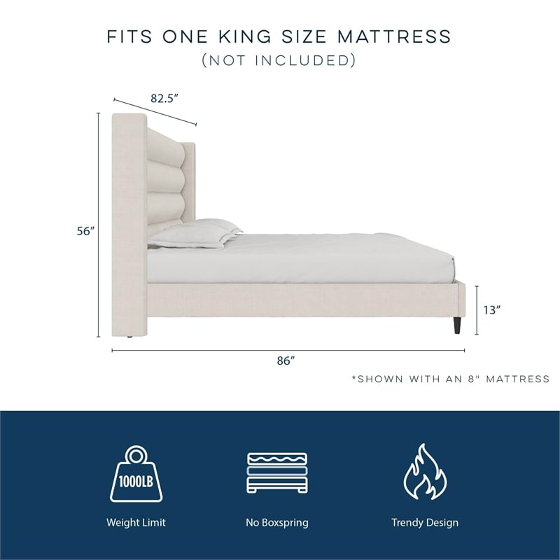 Novogratz Louis King Upholstered Bed Frame with High Tufted Headboard in Ivory