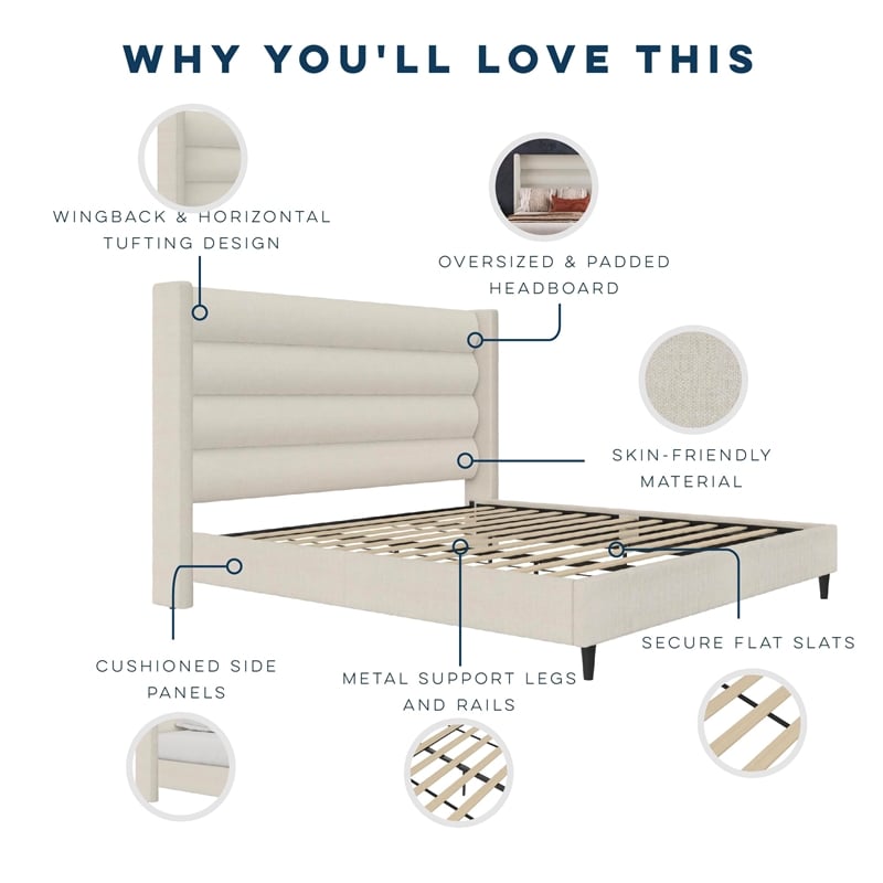 Novogratz Louis King Upholstered Bed Frame with High Tufted Headboard in Ivory