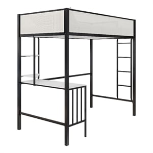 Novogratz Axel Metal Twin Loft Bed with Desk and Shelves in Black and Off White