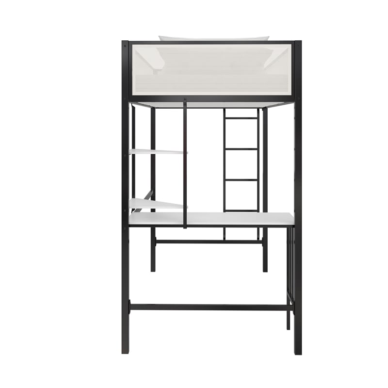 Novogratz Axel Metal Twin Loft Bed with Desk and Shelves in Black and Off White