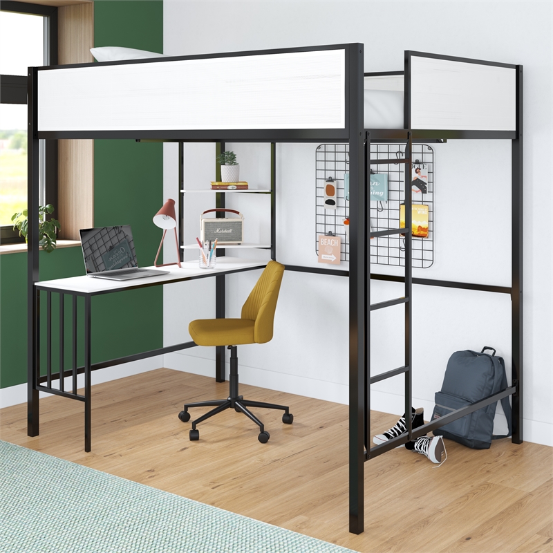 Novogratz Axel Full Metal Loft Bed with Desk and Shelves in Black and Off White