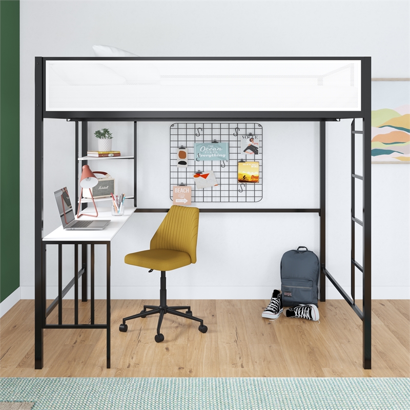Novogratz Axel Full Metal Loft Bed with Desk and Shelves in Black and Off White