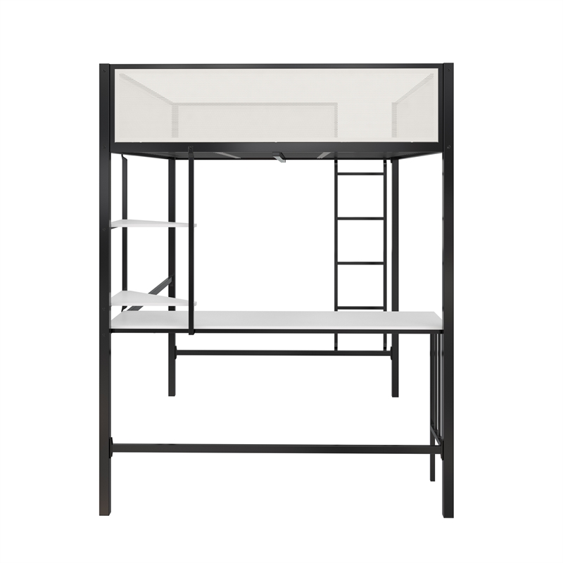 Novogratz Axel Full Metal Loft Bed with Desk and Shelves in Black and Off White