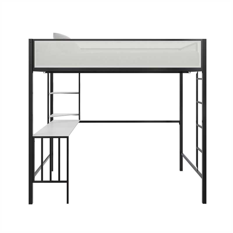 Novogratz Axel Full Metal Loft Bed with Desk and Shelves in Black and Off White