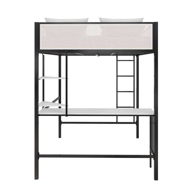 Novogratz Axel Full Metal Loft Bed with Desk and Shelves in Black and Off White