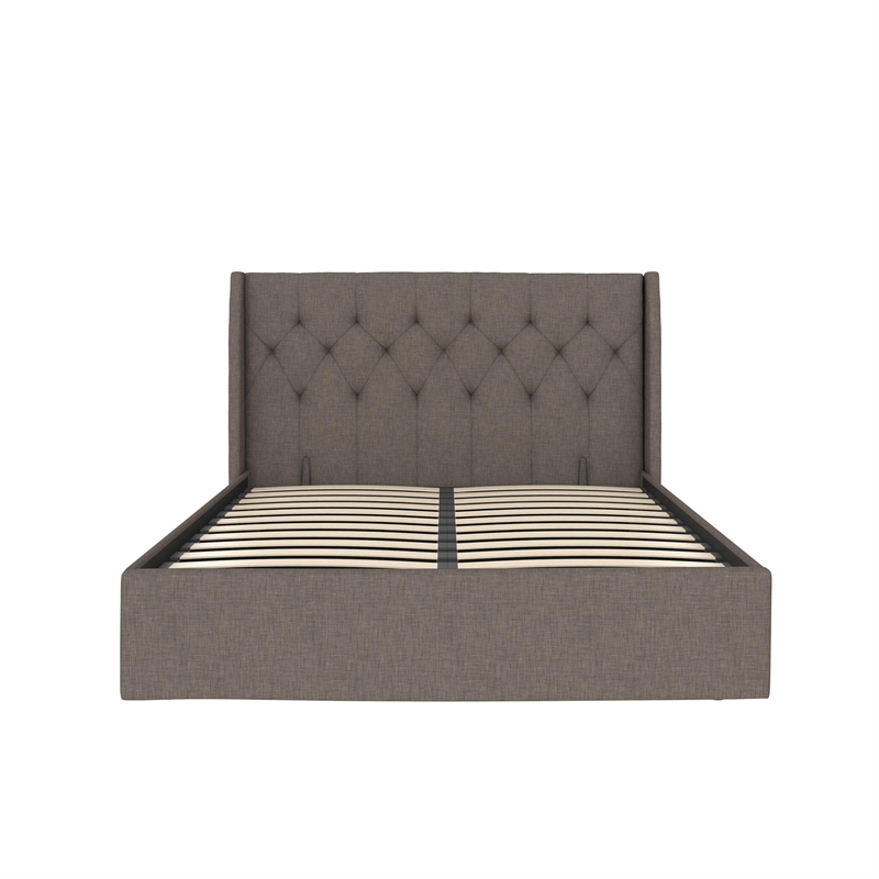 Novogratz Her Majesty Lift Up Storage Queen Bed Frame in Light Gray Linen