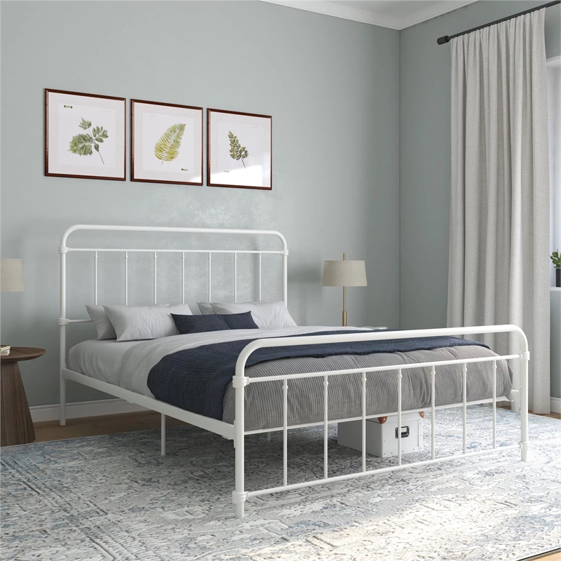 DHP Wallace Mid-Century Metal Queen Bed Frame with Underbed Storage in White