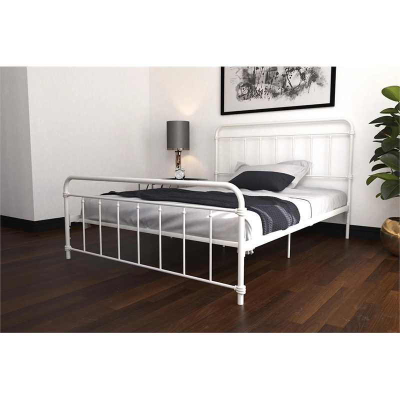 DHP Wallace Mid-Century Metal Queen Bed Frame with Underbed Storage in White