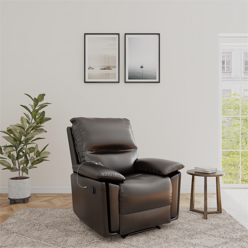 DHP Miller Recliner with Dual USB Port in Faux Leather in Dark Brown