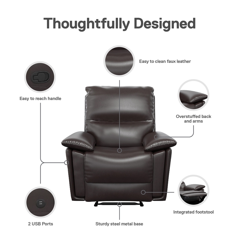 DHP Miller Recliner with Dual USB Port in Faux Leather in Dark Brown