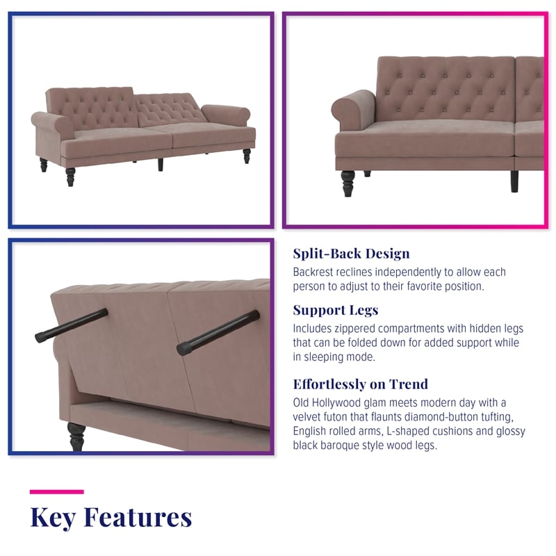 Novogratz Cassidy Upholstered Futon in Blush Velvet