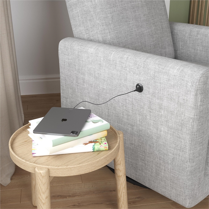 Baby Relax Step Swivel Accent Chair with USB Charger in Light Gray Linen
