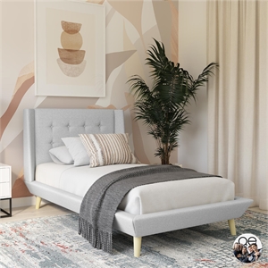 DHP Lilya Twin Upholstered Platform Bed w/ Wood Slat Support in Light Gray Linen