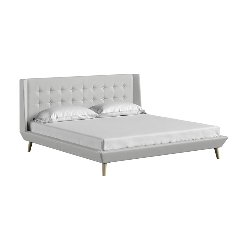 DHP Lilya King Upholstered Platform Bed w/ Wood Slat Support in Light Gray Linen