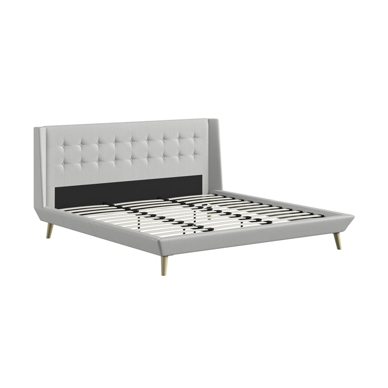 DHP Lilya King Upholstered Platform Bed w/ Wood Slat Support in Light Gray Linen
