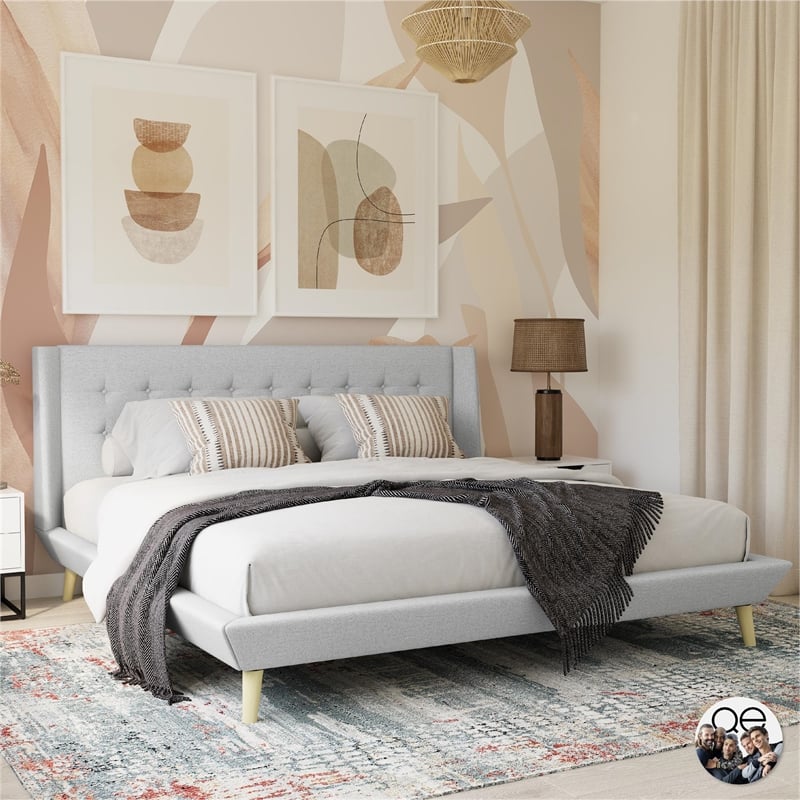 DHP Lilya King Upholstered Platform Bed w/ Wood Slat Support in Light Gray Linen