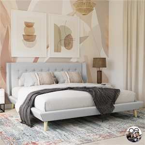 DHP Lilya King Upholstered Platform Bed w/ Wood Slat Support in Light Gray Linen