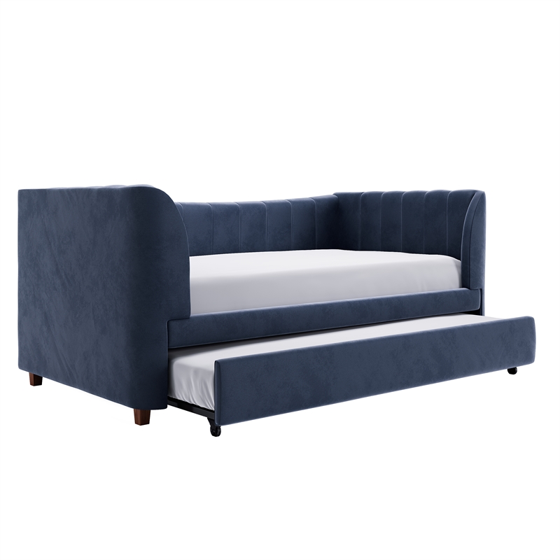 Little Seeds Valentina Twin Upholstered Daybed and Trundle - Navy Blue Velvet