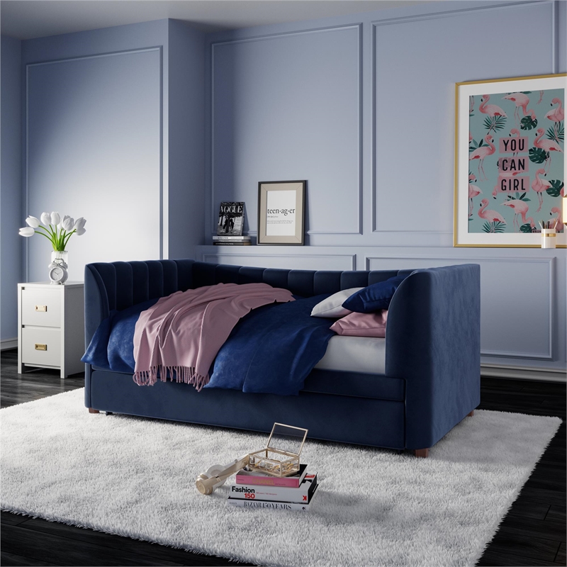 Little Seeds Valentina Twin Upholstered Daybed and Trundle - Navy Blue Velvet