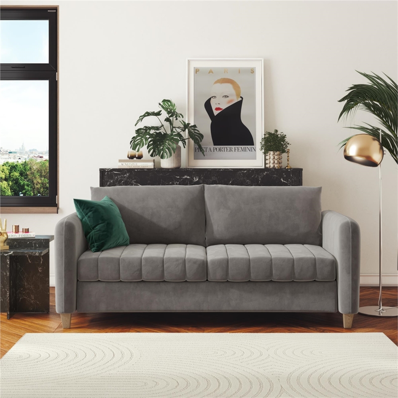 CosmoLiving by Cosmopolitan Coco Channel Tufted Sofa in Light Gray Velvet