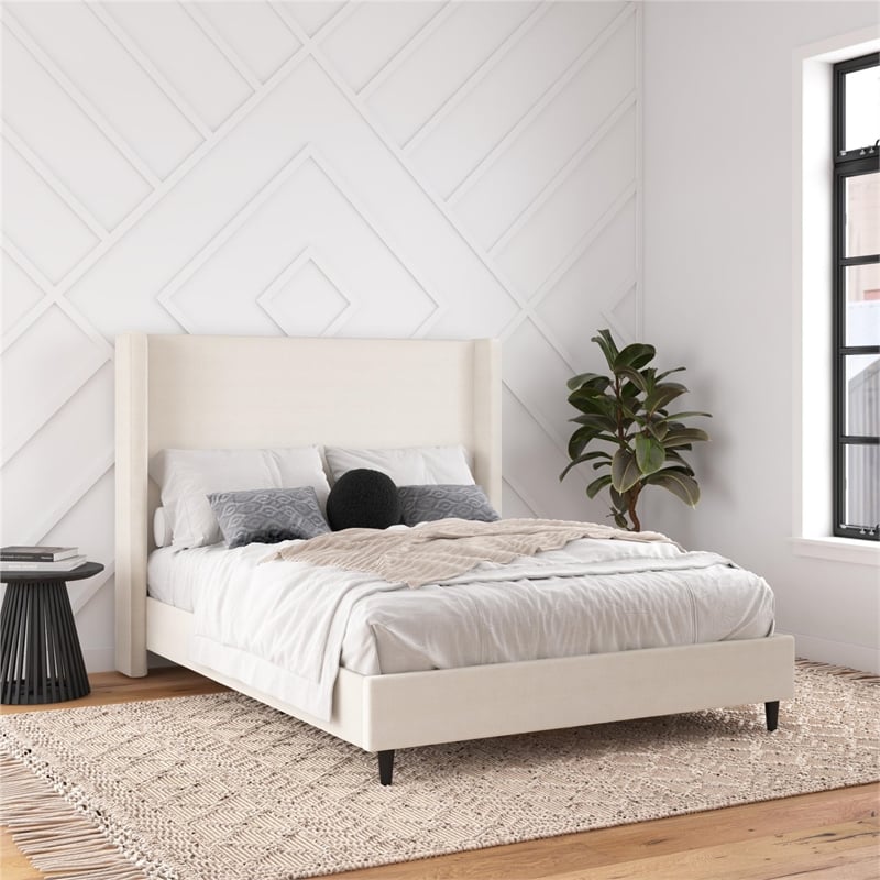 DHP Eveline Upholstered Platform Bed Frame Queen in Textured Ivory Canvas Cymax Business