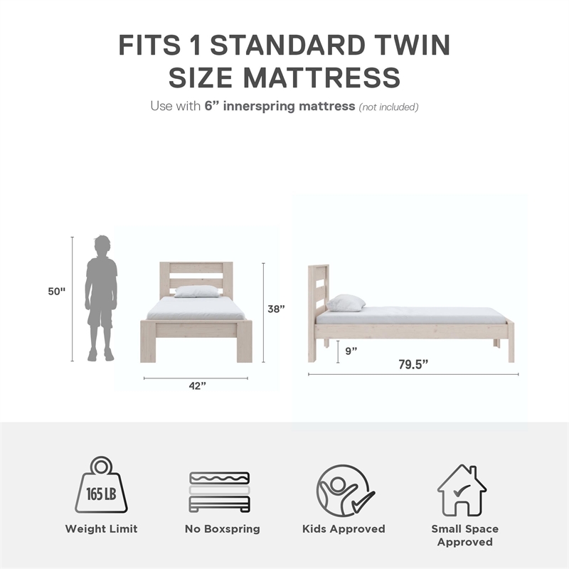 DHP Jaymee Twin Platform Bed Frame in Solid Wood in Sandwashed Gray