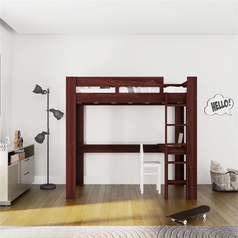 DHP Jaymee Twin Loft Bed with Desk in Solid Wood in Nutmeg
