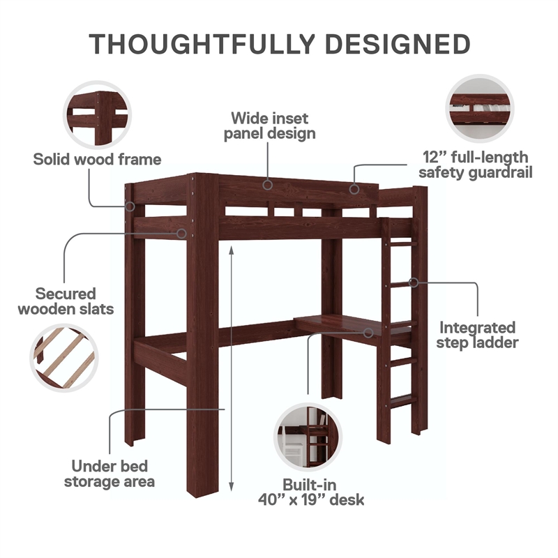 DHP Jaymee Twin Loft Bed with Desk in Solid Wood in Nutmeg