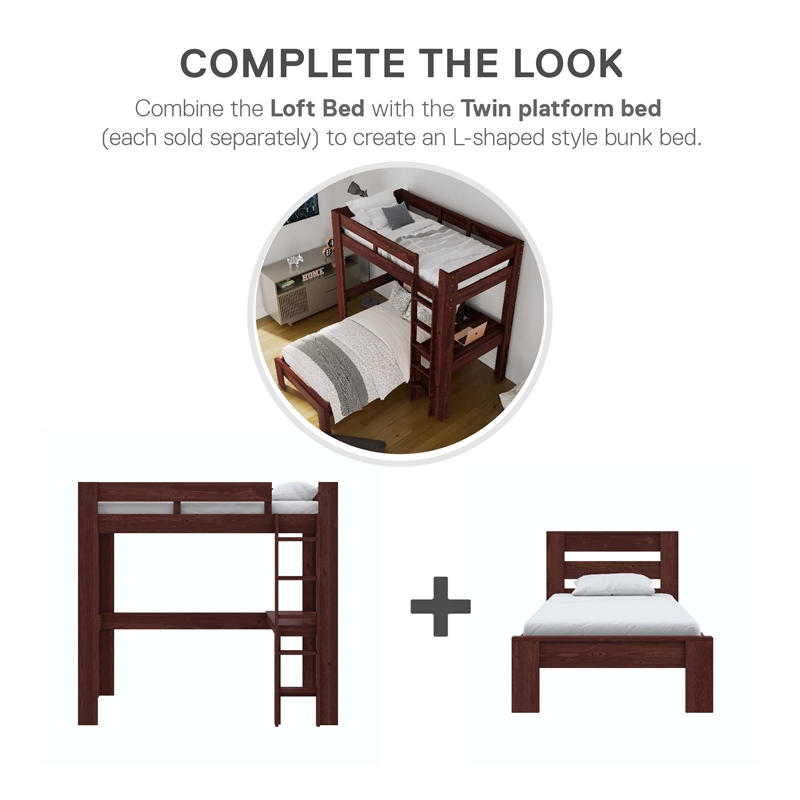 DHP Jaymee Twin Loft Bed with Desk in Solid Wood in Nutmeg