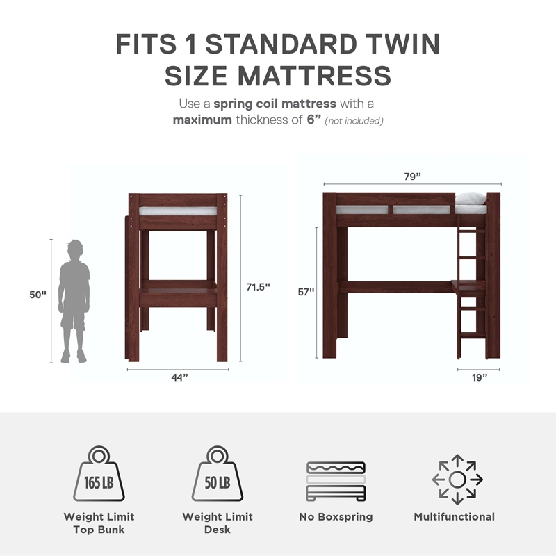 DHP Jaymee Twin Loft Bed with Desk in Solid Wood in Nutmeg