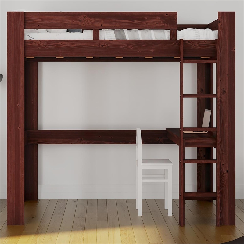 DHP Jaymee Twin Loft Bed with Desk in Solid Wood in Nutmeg