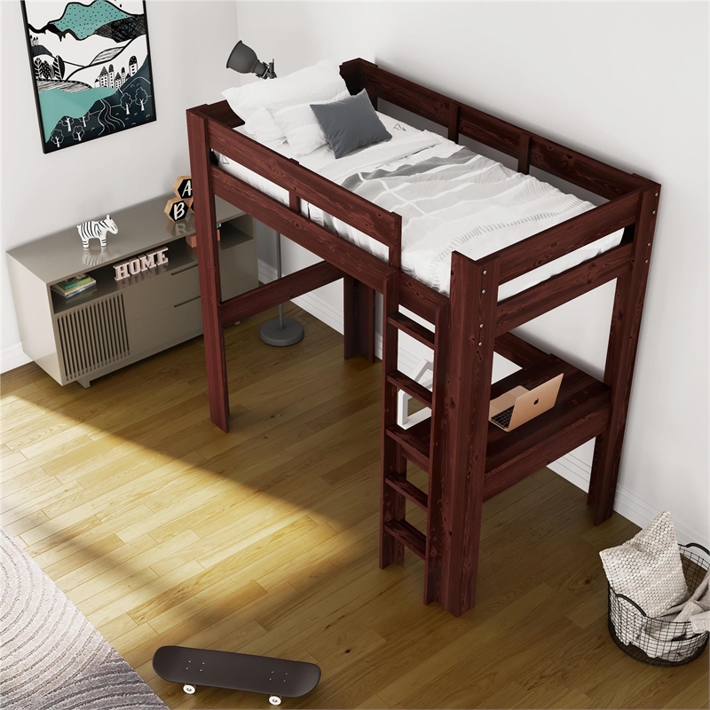 DHP Jaymee Twin Loft Bed with Desk in Solid Wood in Nutmeg