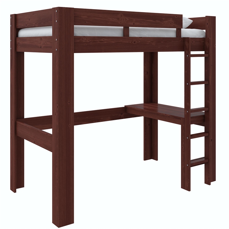 DHP Jaymee Twin Loft Bed with Desk in Solid Wood in Nutmeg