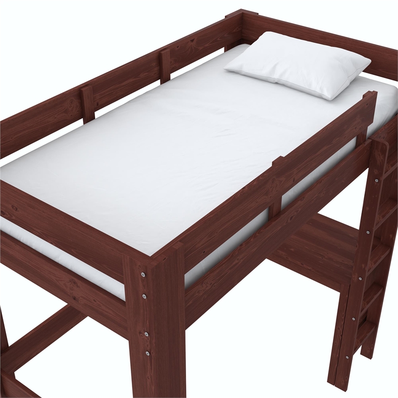 DHP Jaymee Twin Loft Bed with Desk in Solid Wood in Nutmeg