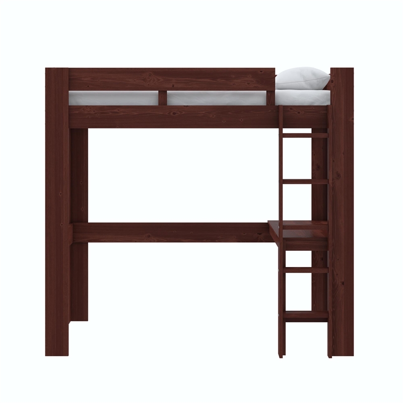 DHP Jaymee Twin Loft Bed with Desk in Solid Wood in Nutmeg