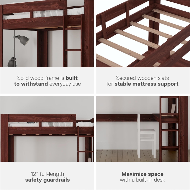 DHP Jaymee Twin Loft Bed with Desk in Solid Wood in Nutmeg