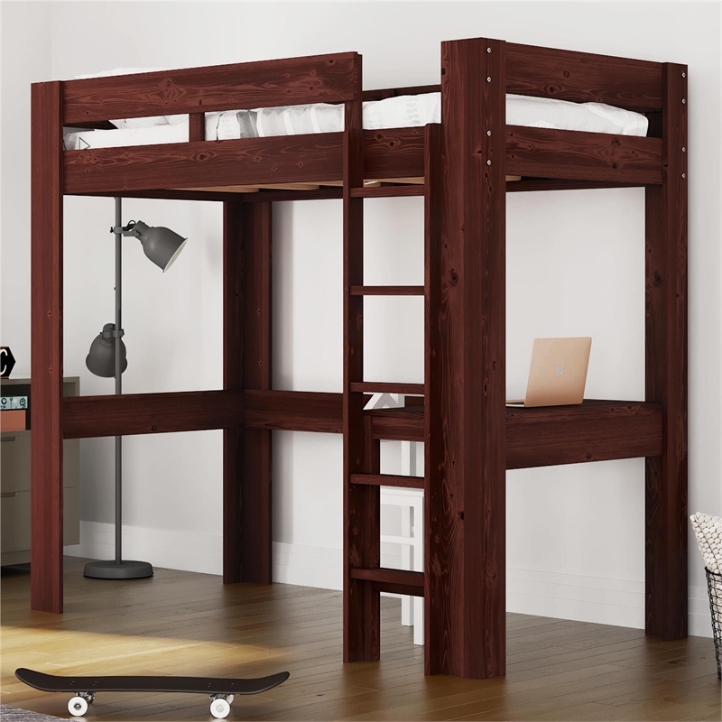 DHP Jaymee Twin Loft Bed with Desk in Solid Wood in Nutmeg