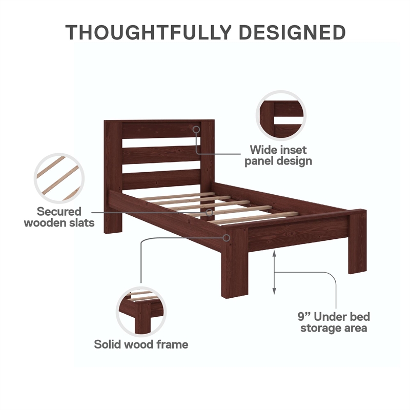 DHP Jaymee Twin Platform Bed Frame in Solid Wood in Nutmeg